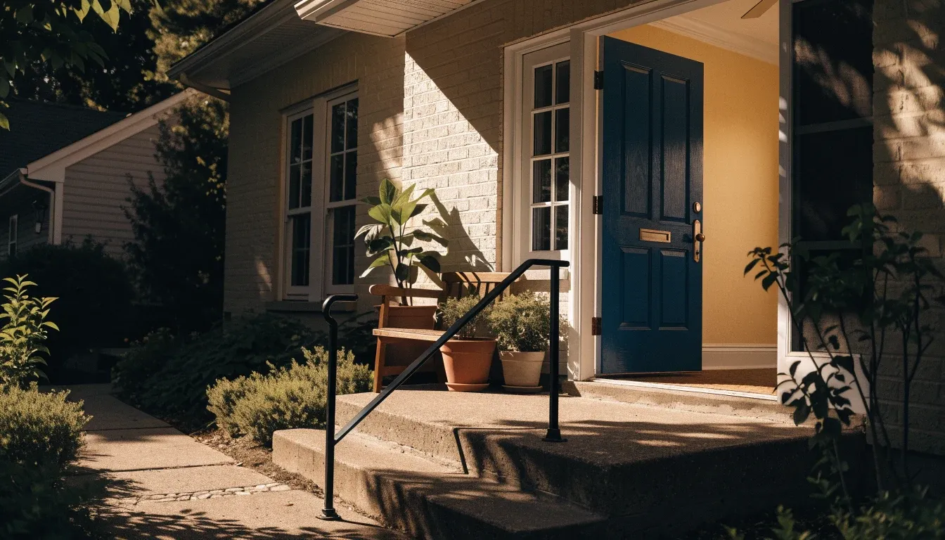 A sunlit front entrance with a wide step, a black handrail and an open blue front door