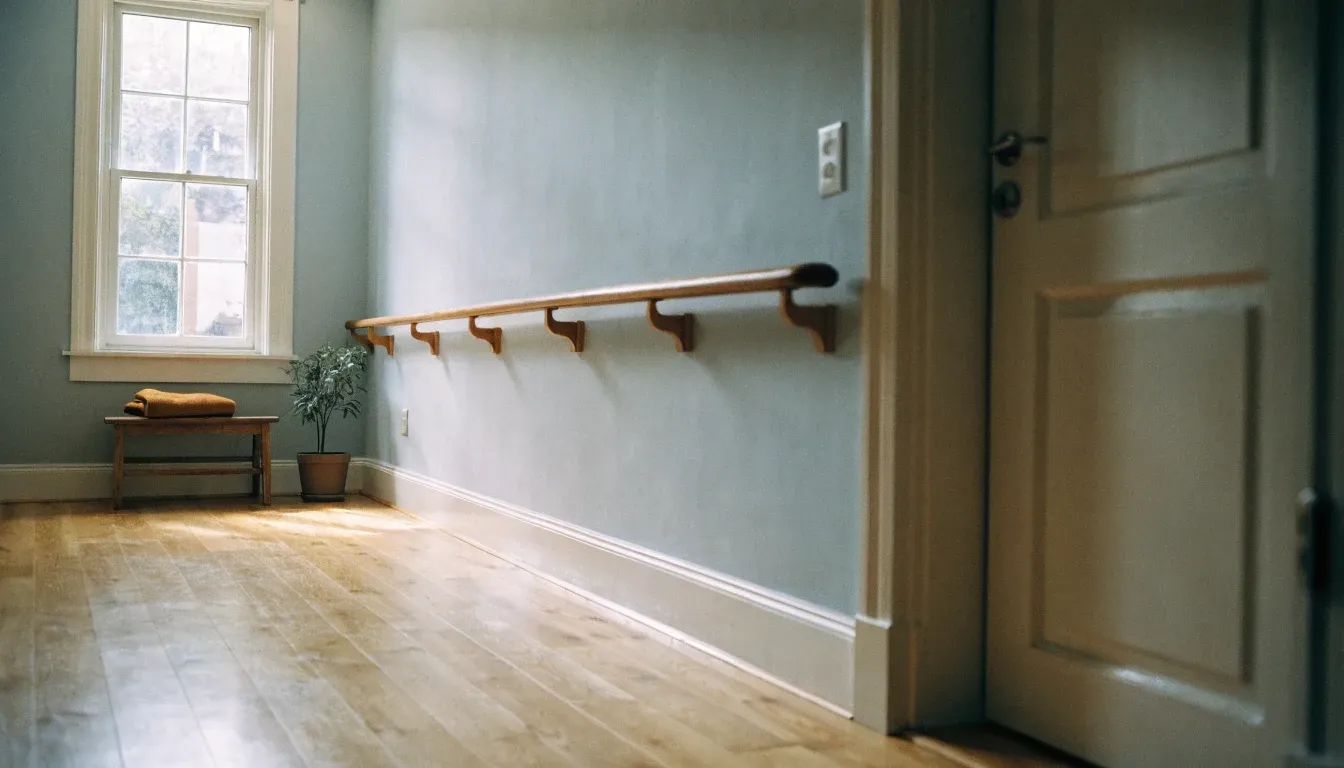 A bright home hallway with a wooden handrail along the wall