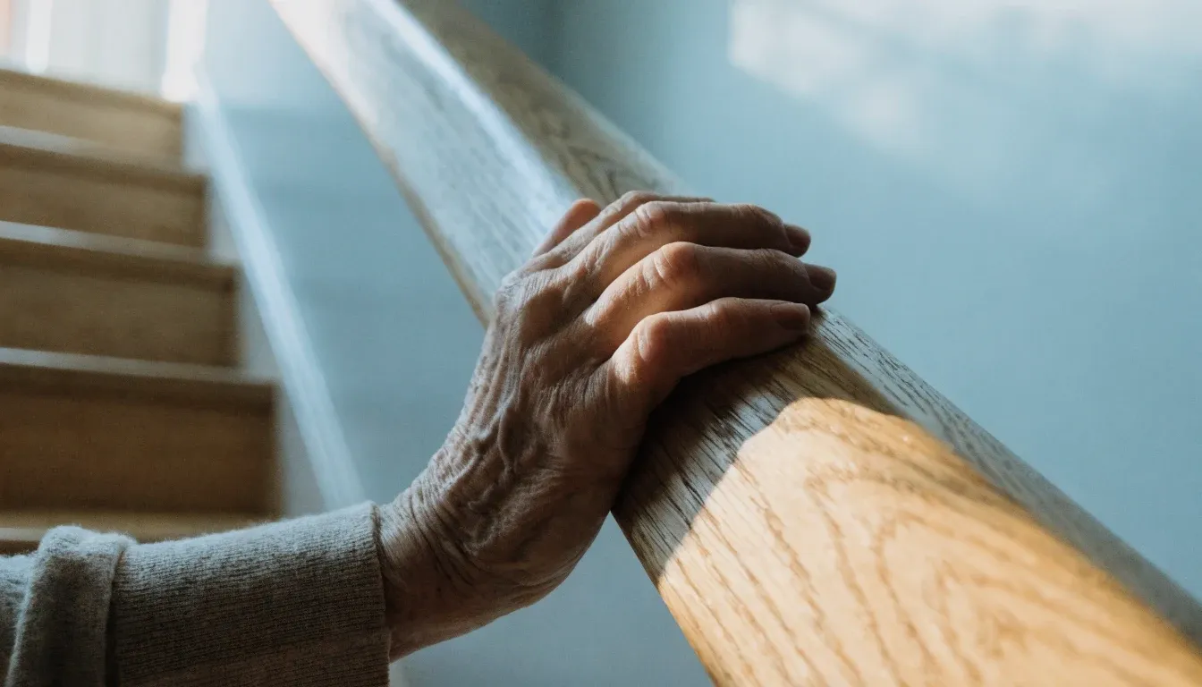 An older adult's hand resting on a wooden handrail beside a staircase