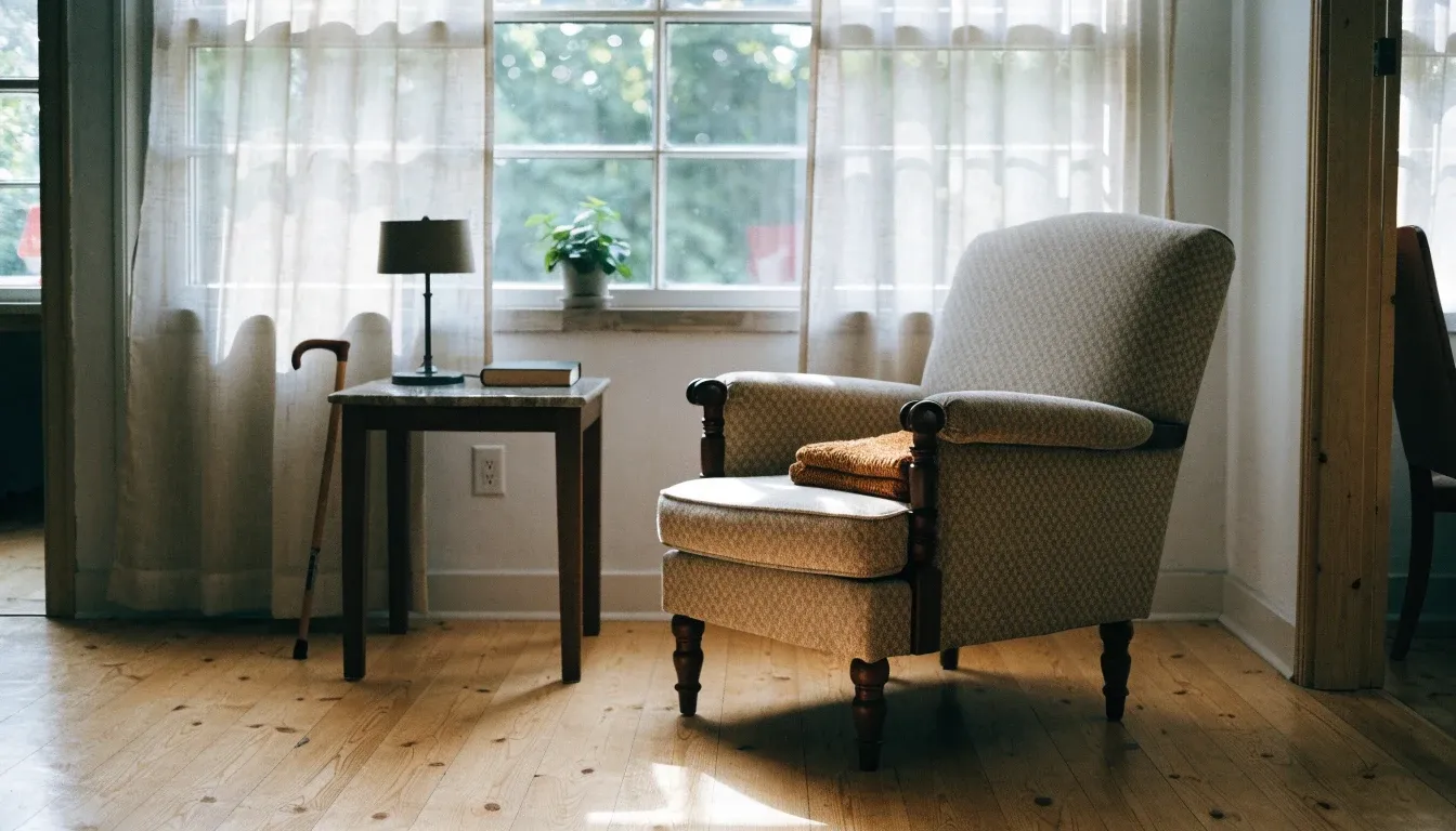 A bright living room with an armchair by a window and a cane within reach