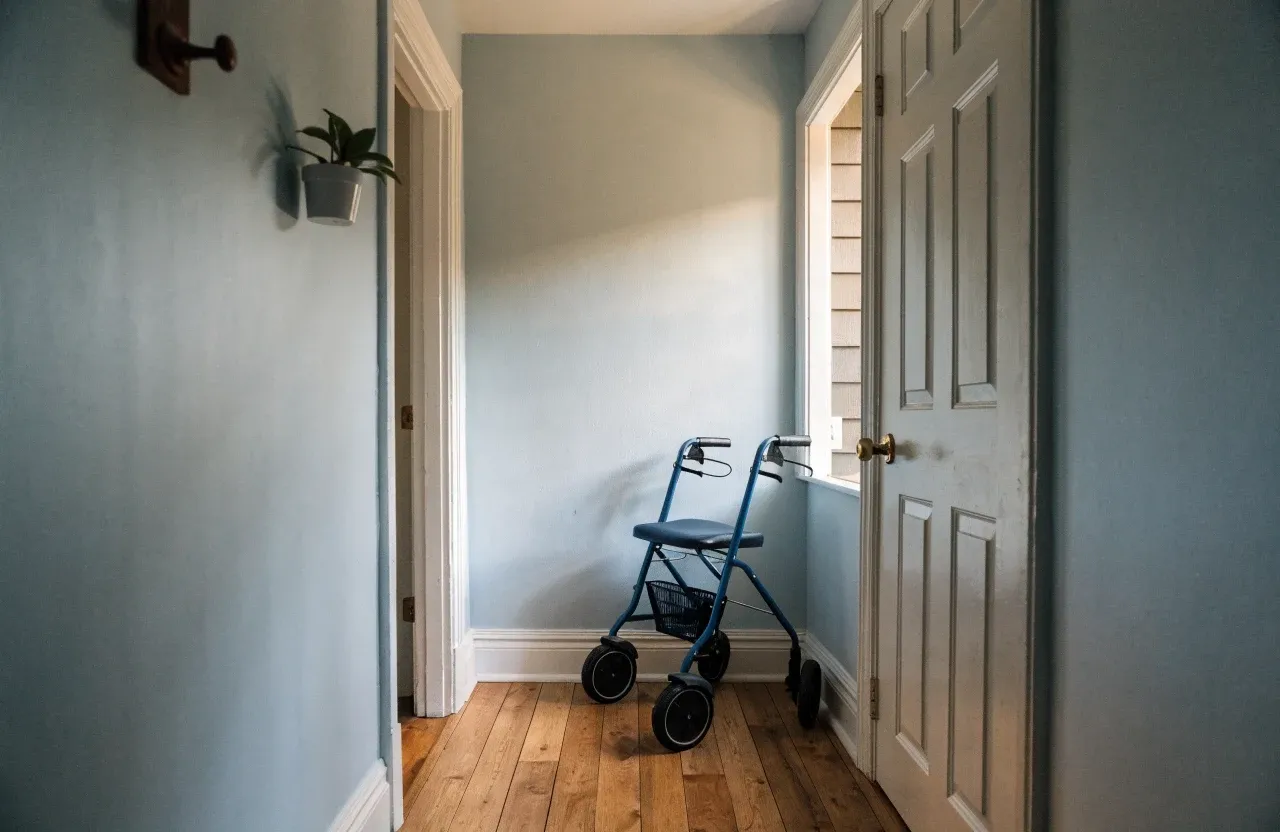 A blue rollator walker parked beside a front door in a bright hallway